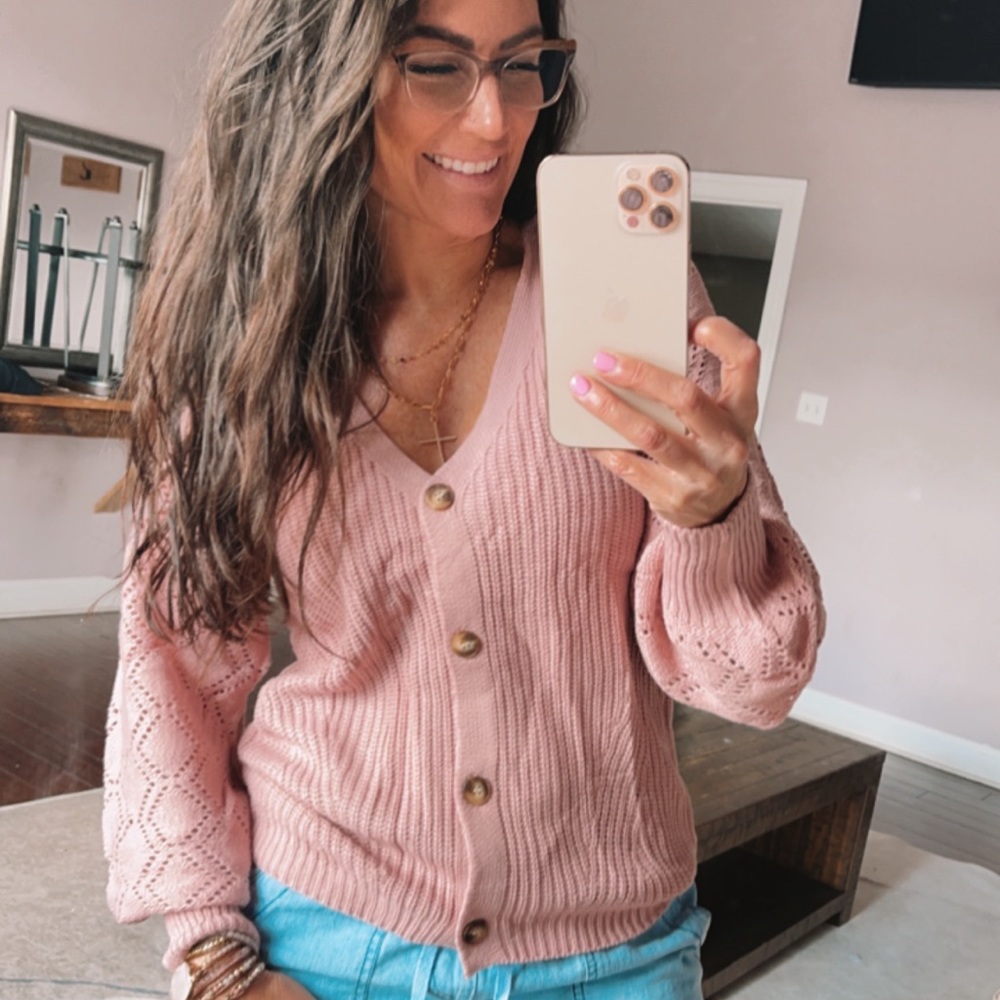 Mauve button up sweater with beautiful details